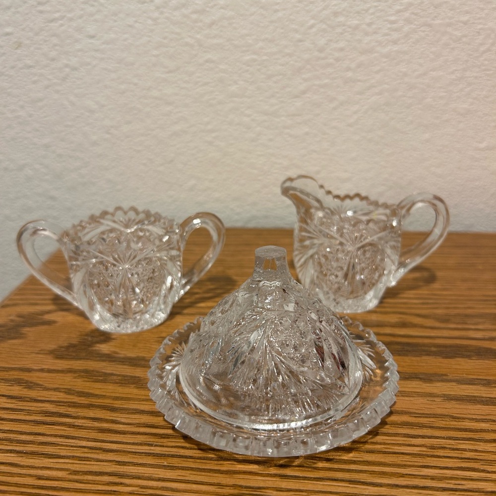 Vintage Mini Cut Glass Crystal Sugar & Creamer Set With Covered Dessert Dish